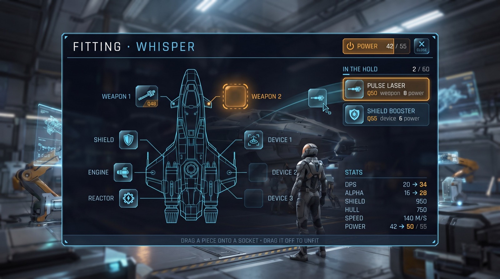 A ship fitting screen showing weapon, shield, engine and reactor sockets with power budget