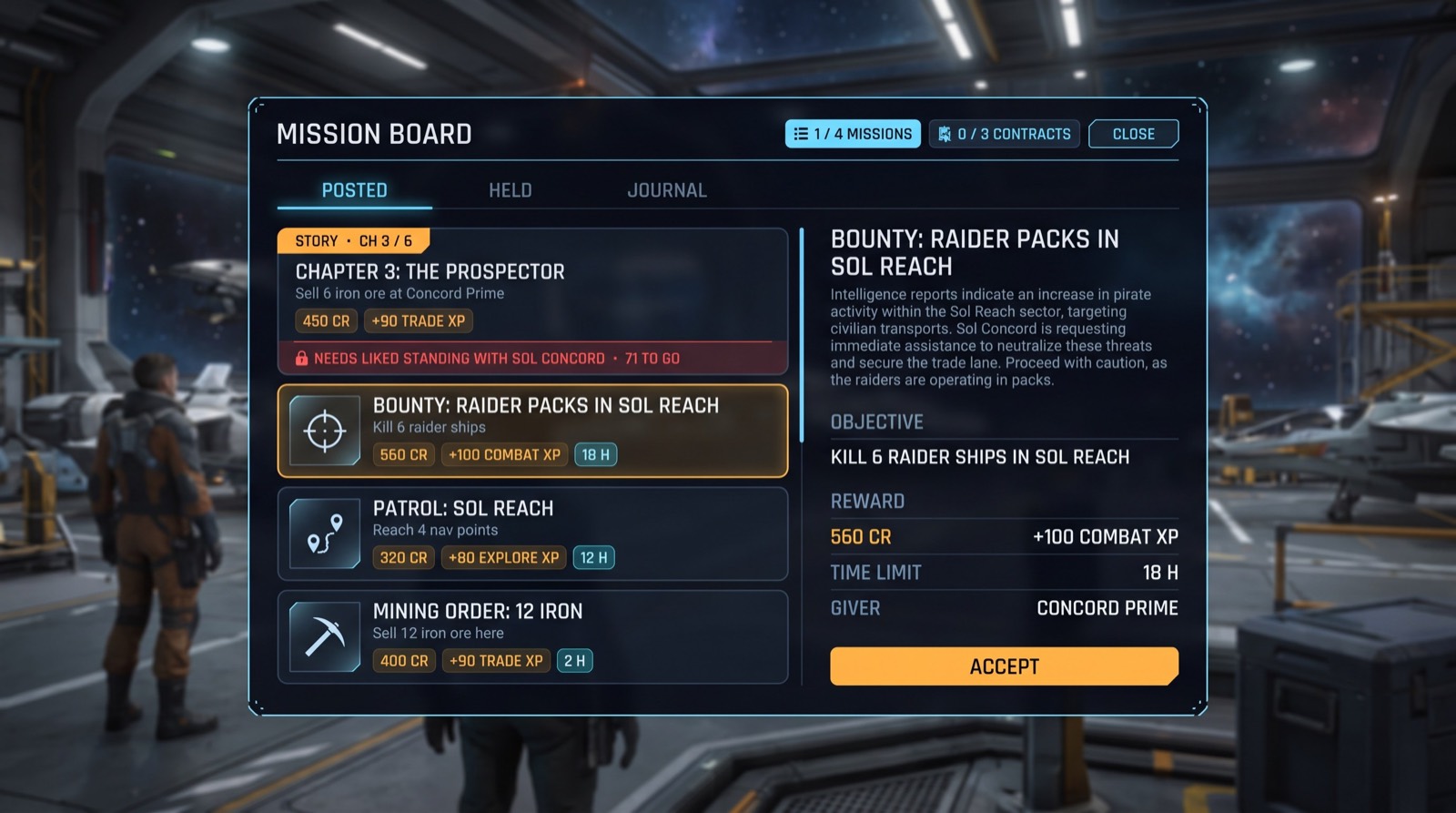 A mission board interface listing contracts