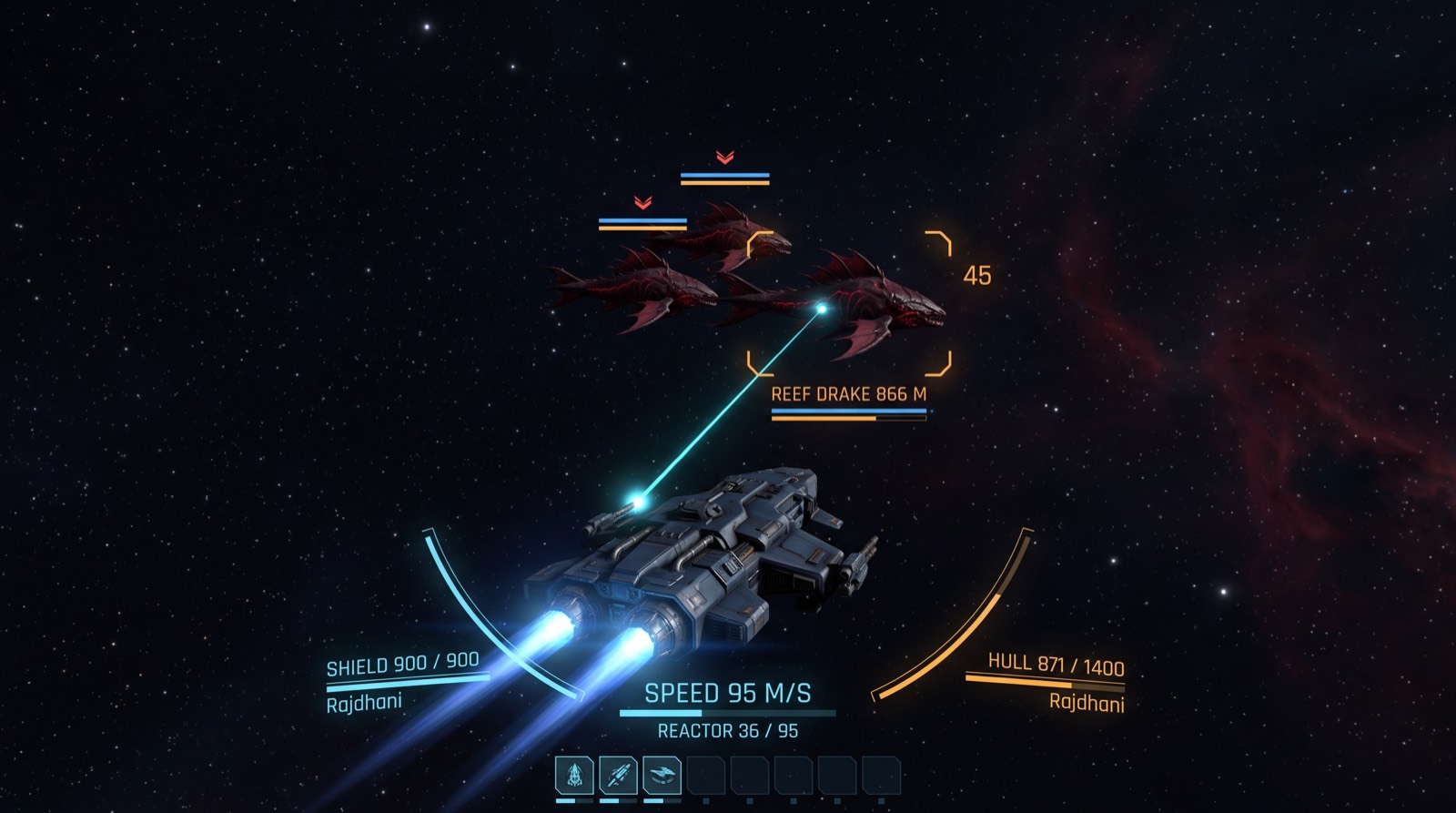 A ship engaging creatures in deep space, with shield, hull and reactor readouts on the HUD